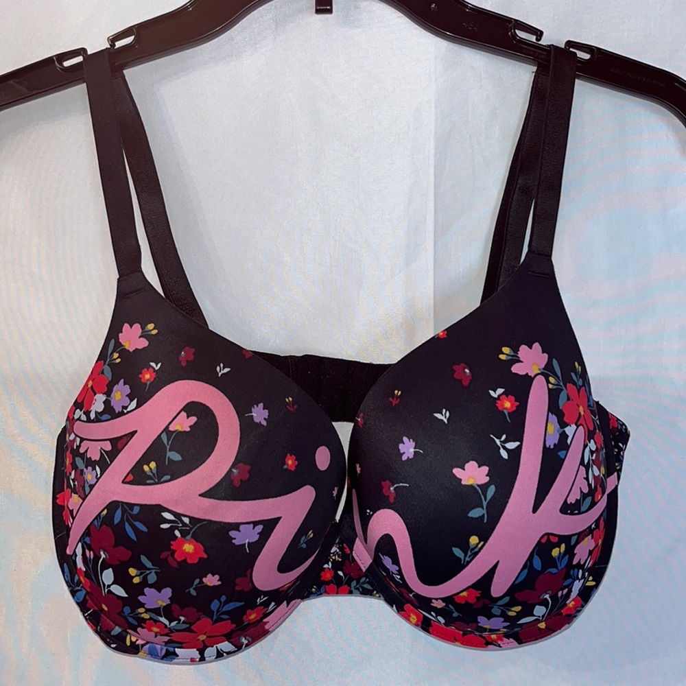 Pink Victoria Secret Multi Floral Logo Bra 36DD